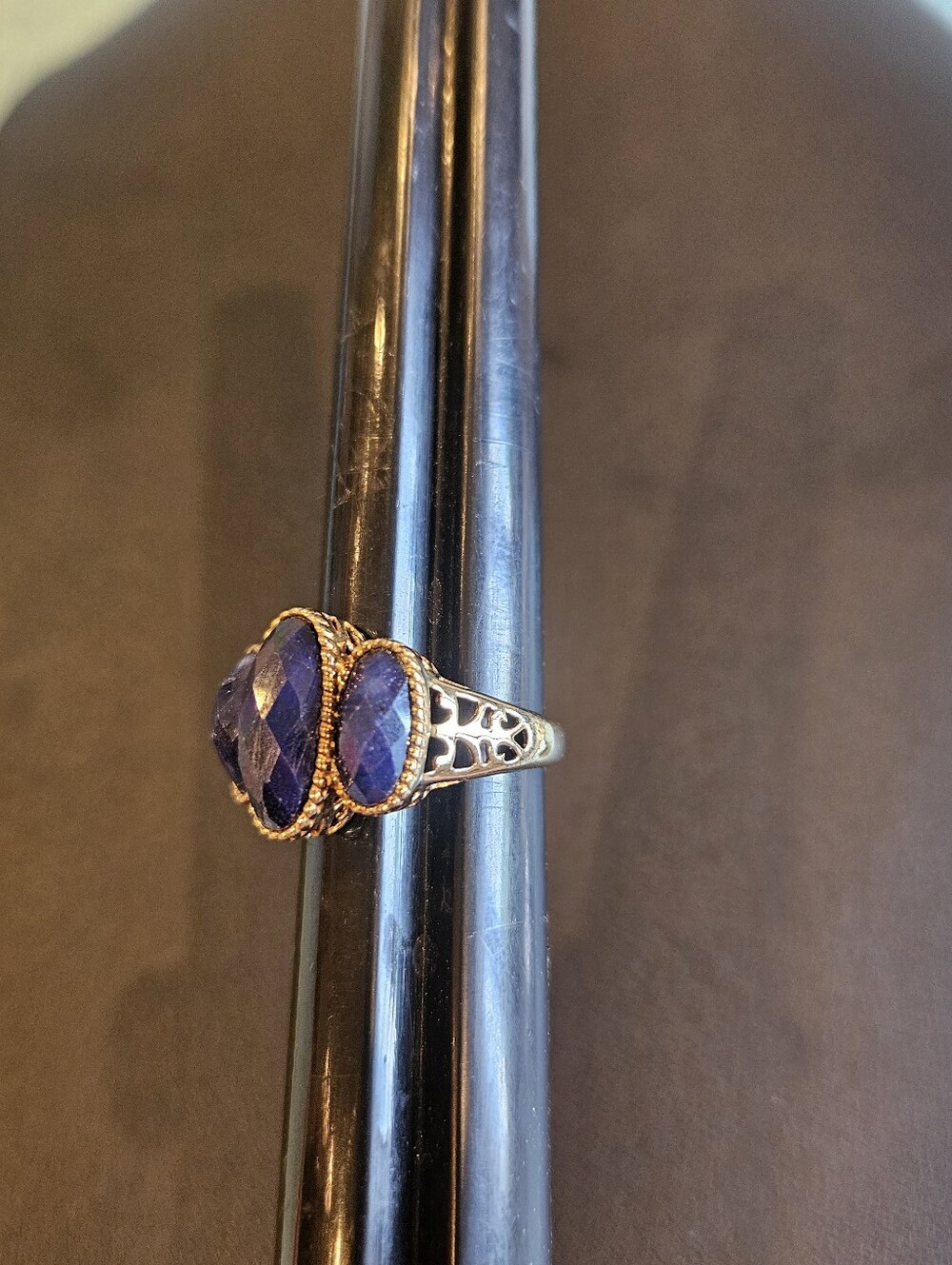Three-Stone Blue Faceted Lapis Gemstone Ring in Gold Over Sterling Silver - Picture 2 of 7